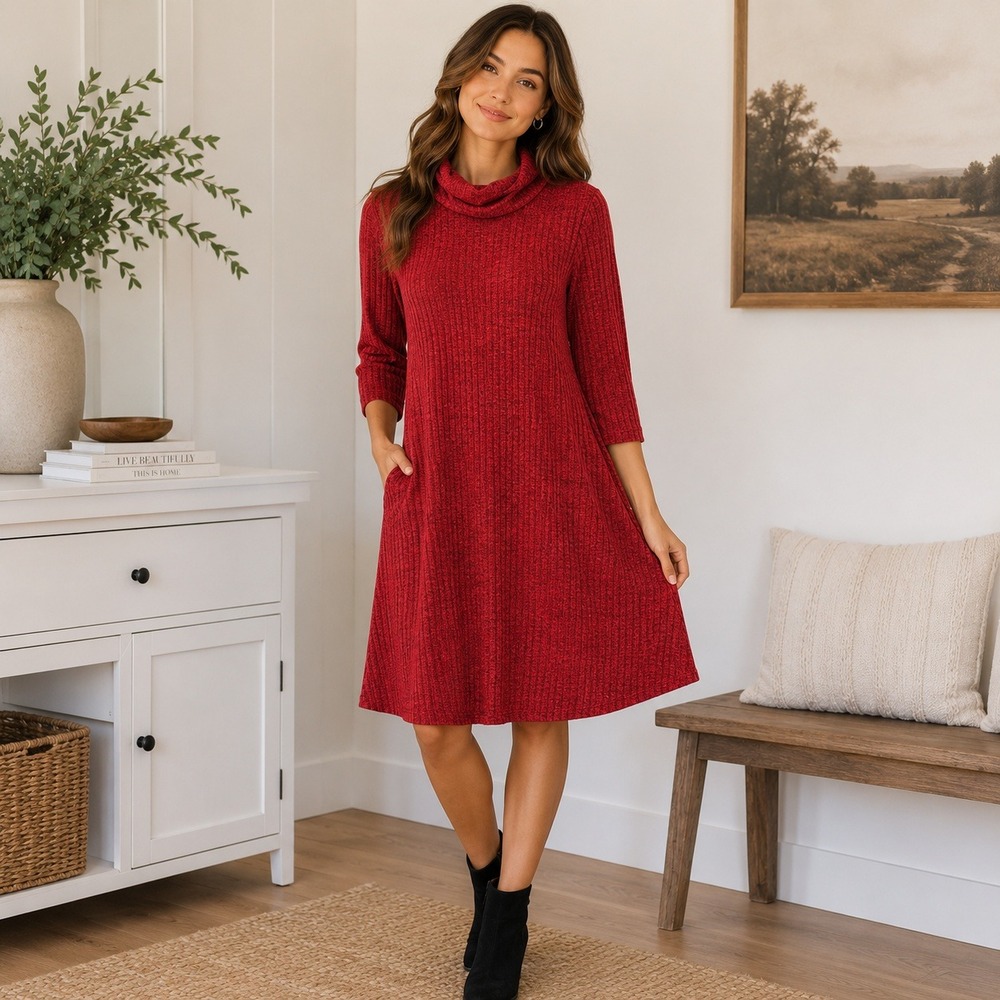 Discreet Ribbed Knit Cowl Neck Fit-and-Flare Dress/Tunic Large - Picture 1 of 8
